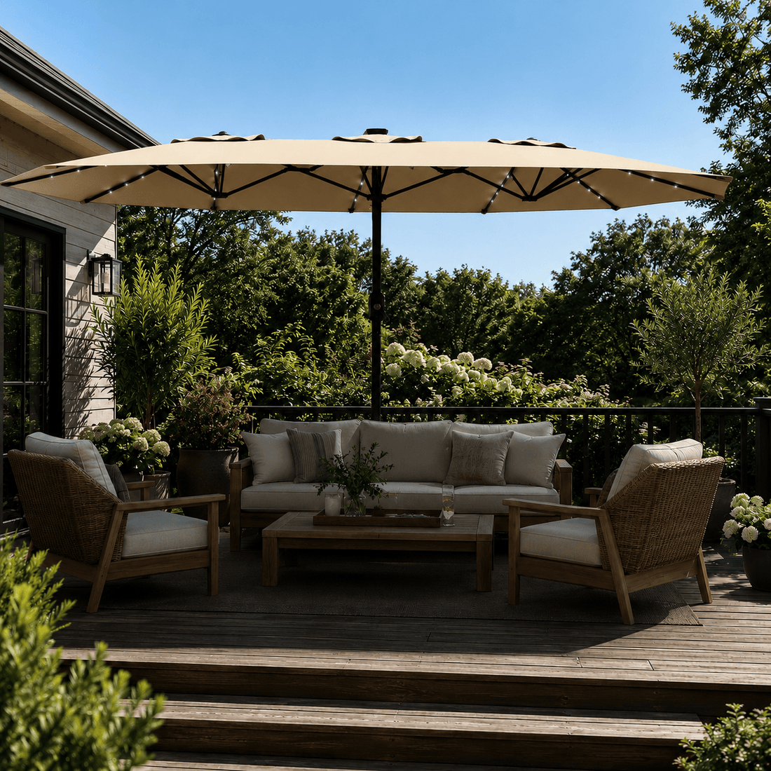 Garvee 270×450 cm Rechteck-Sonnenschirm mit Solar-LED-Beleuchtung & Standfuß, UV-beständiger Gartenschirm mit Kurbelgriff, für Terrasse, Pool & Garten, Beige