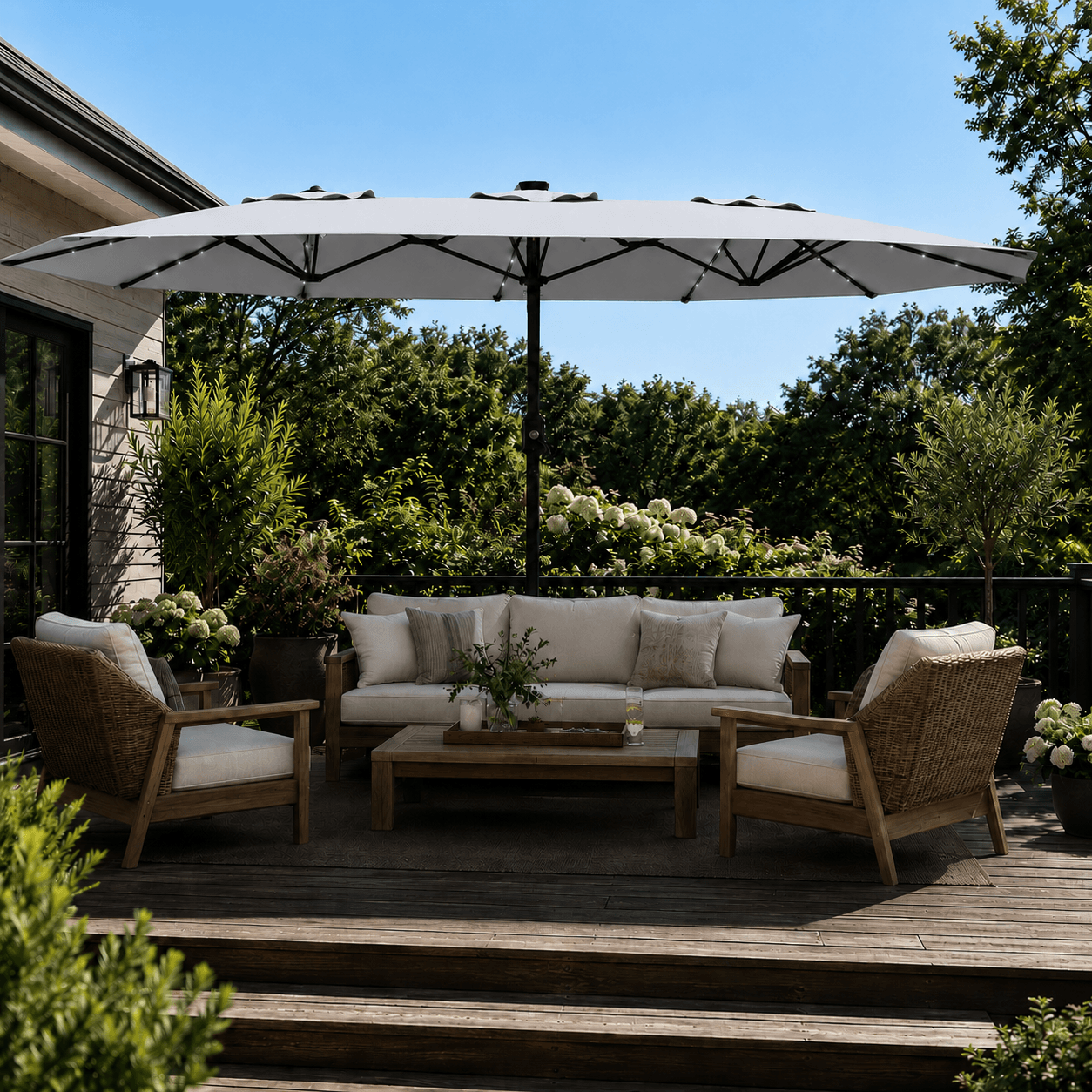 Garvee 270×450 cm Rechteck-Sonnenschirm mit Solar-LED-Beleuchtung & Standfuß, UV-beständiger Gartenschirm mit Kurbelgriff, für Terrasse, Pool & Garten, Grau