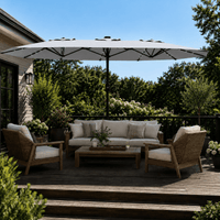 Garvee 270×450 cm Rechteck-Sonnenschirm mit Solar-LED-Beleuchtung & Standfuß, UV-beständiger Gartenschirm mit Kurbelgriff, für Terrasse, Pool & Garten, Grau