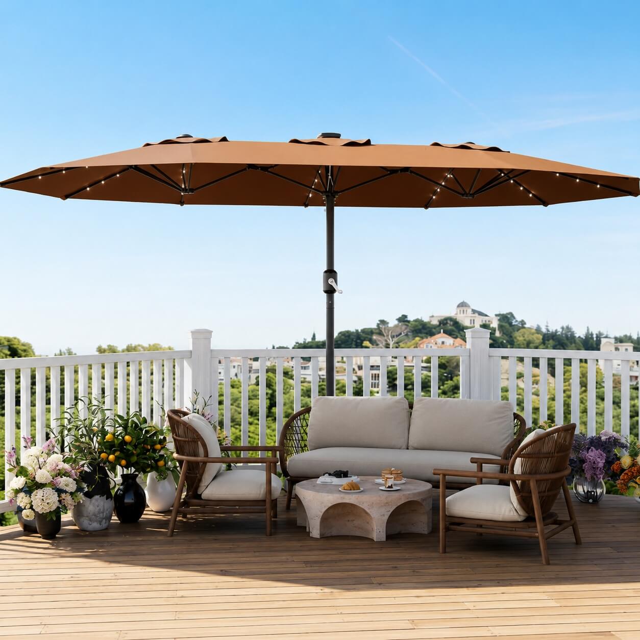 Garvee 270×450 cm Rechteck-Sonnenschirm mit Solar-LED-Beleuchtung & Standfuß, UV-beständiger Gartenschirm mit Kurbelgriff, für Terrasse, Pool & Garten, Braun