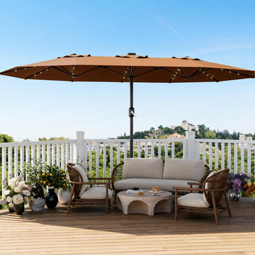 Garvee 270×450 cm Rechteck-Sonnenschirm mit Solar-LED-Beleuchtung & Standfuß, UV-beständiger Gartenschirm mit Kurbelgriff, für Terrasse, Pool & Garten, Braun