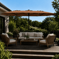 Garvee 270×450 cm Rechteck-Sonnenschirm mit Solar-LED-Beleuchtung & Standfuß, UV-beständiger Gartenschirm mit Kurbelgriff, für Terrasse, Pool & Garten, Braun
