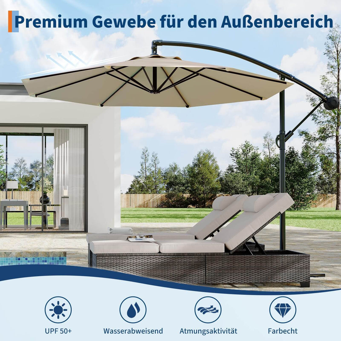 GARVEE Ampelschirm 300 cm, 360° drehbar, UV50+ Sonnenschirm mit Kurbel & Neigefunktion, Freiarmschirm für Garten, Terrasse & Balkon, Beige