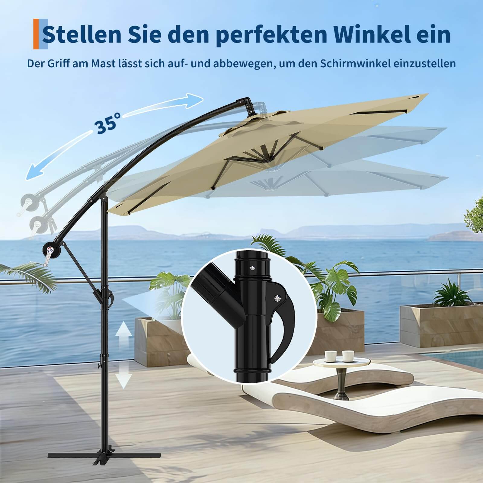 GARVEE Ampelschirm 300 cm, 360° drehbar, UV50+ Sonnenschirm mit Kurbel & Neigefunktion, Freiarmschirm für Garten, Terrasse & Balkon, Beige