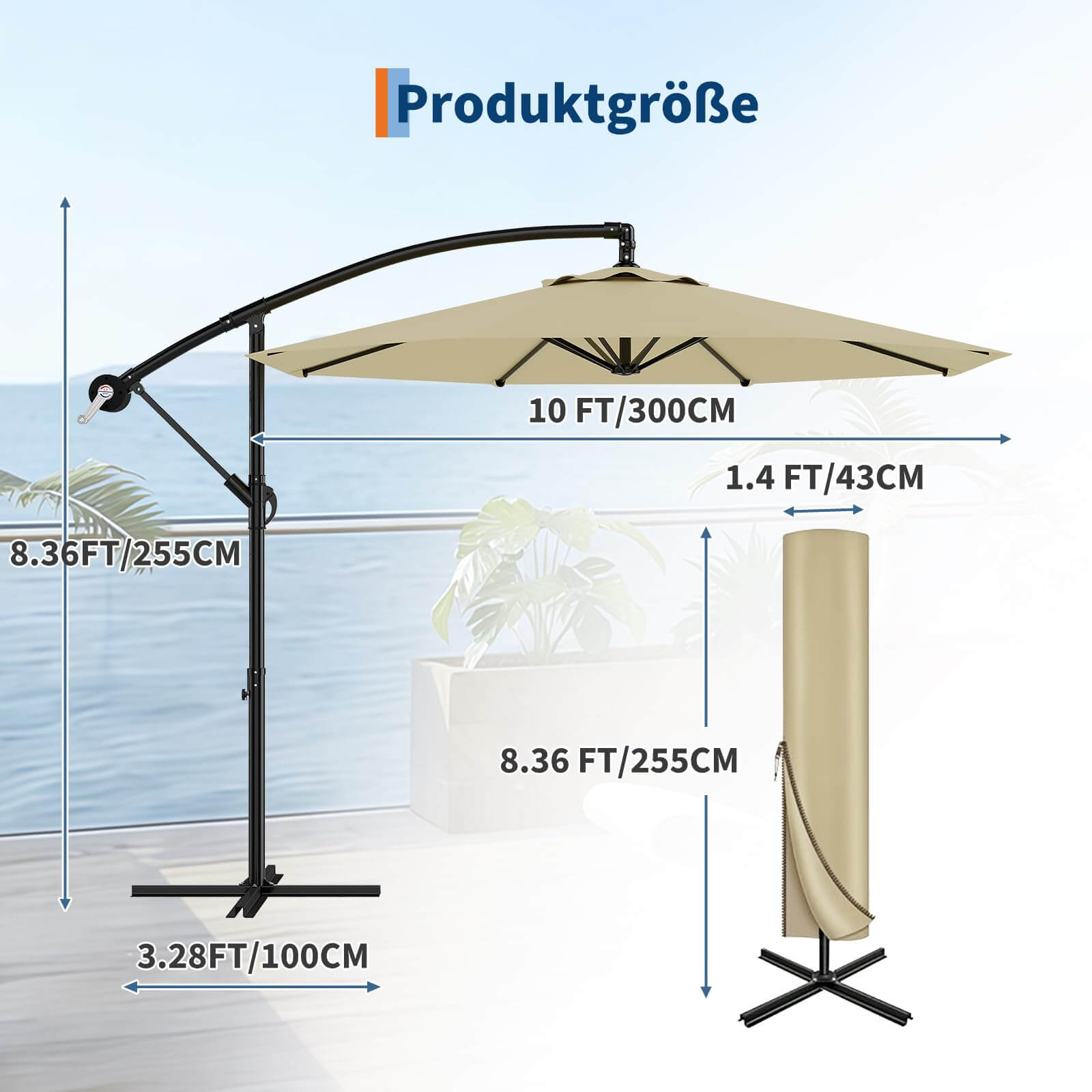 GARVEE Ampelschirm 300 cm, 360° drehbar, UV50+ Sonnenschirm mit Kurbel & Neigefunktion, Freiarmschirm für Garten, Terrasse & Balkon, Beige