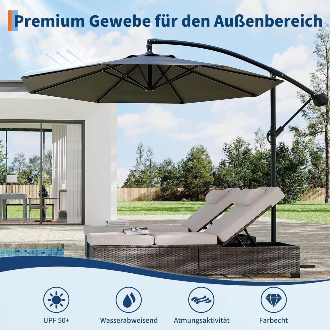 GARVEE Ampelschirm 300 cm, 360° drehbar, UV50+ Sonnenschirm mit Kurbel & Neigefunktion, Freiarmschirm für Garten, Terrasse & Balkon, Grau