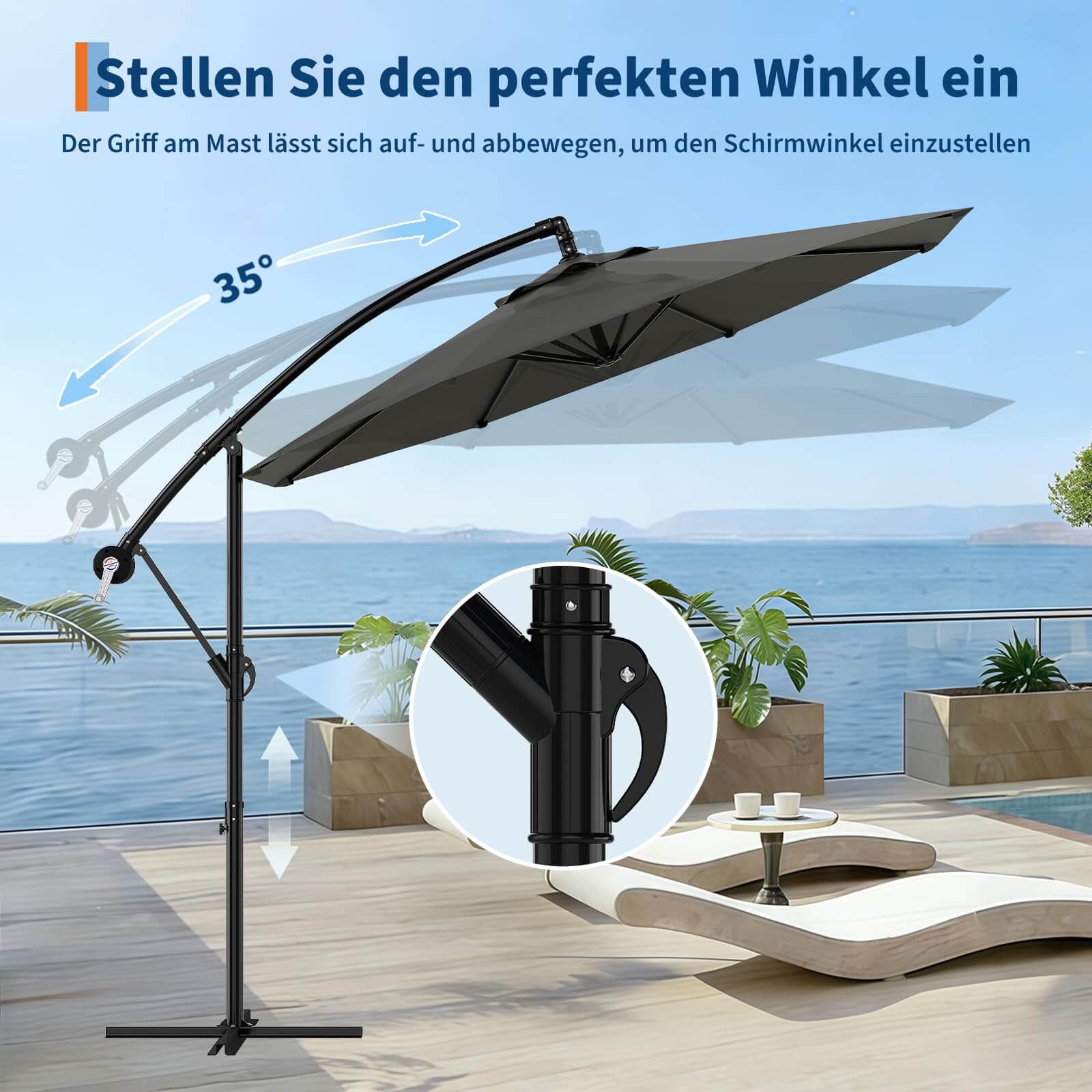 GARVEE Ampelschirm 300 cm, 360° drehbar, UV50+ Sonnenschirm mit Kurbel & Neigefunktion, Freiarmschirm für Garten, Terrasse & Balkon, Grau