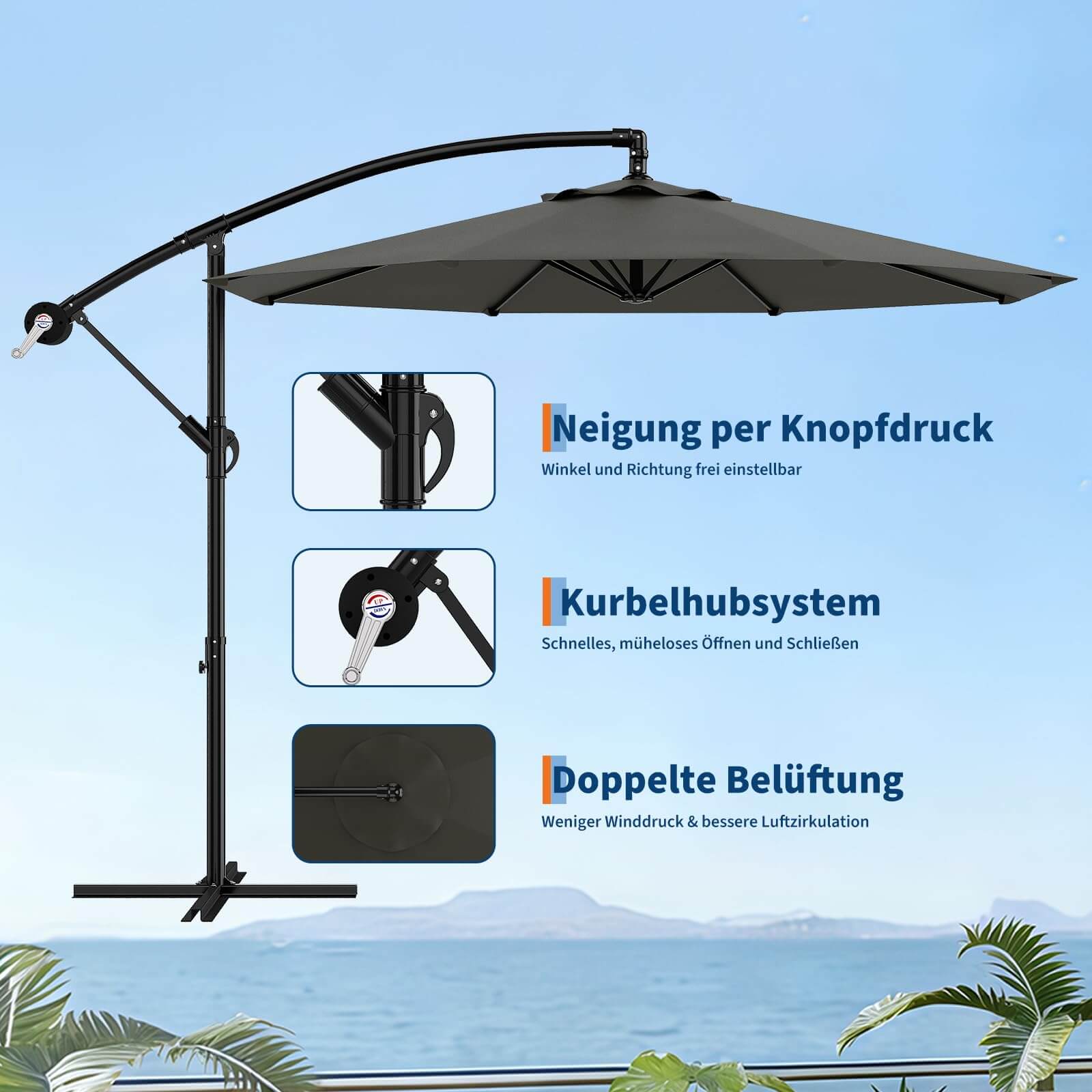GARVEE Ampelschirm 300 cm, 360° drehbar, UV50+ Sonnenschirm mit Kurbel & Neigefunktion, Freiarmschirm für Garten, Terrasse & Balkon, Grau