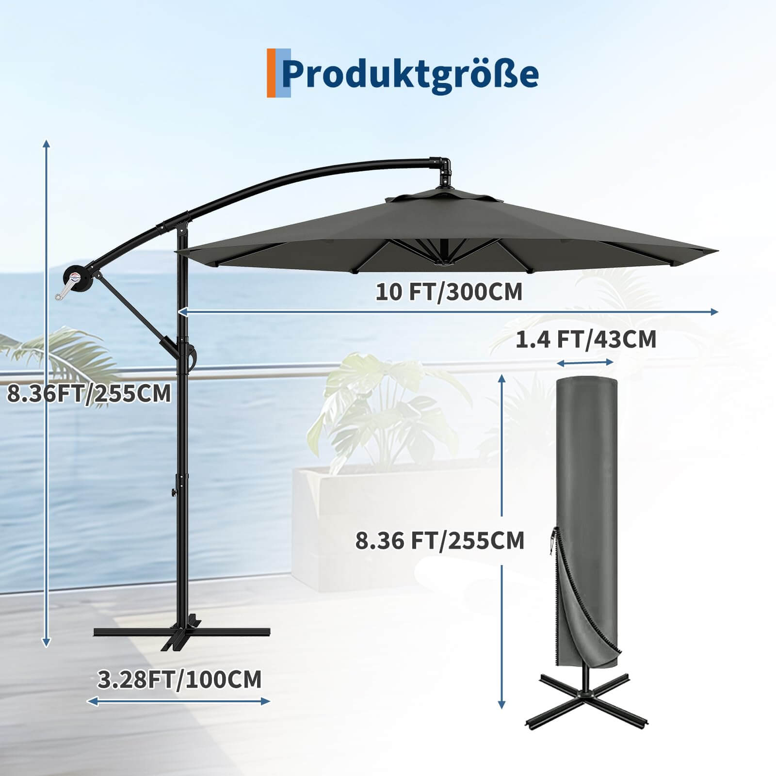 GARVEE Ampelschirm 300 cm, 360° drehbar, UV50+ Sonnenschirm mit Kurbel & Neigefunktion, Freiarmschirm für Garten, Terrasse & Balkon, Grau