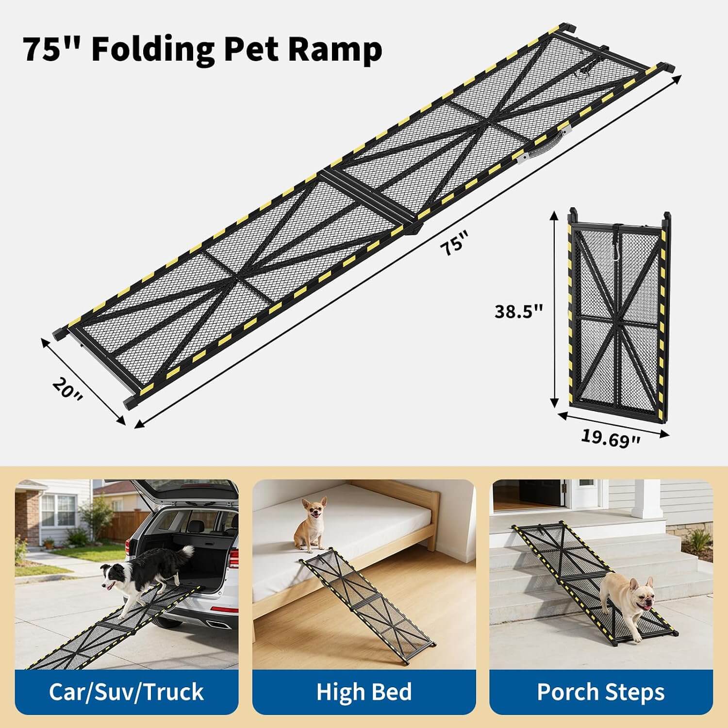 GARVEE Hunderampe Auto 190,5 × 50,8 cm, klappbar, bis 136 kg, rutschfeste Stahlrampe für große und ältere Hunde, SUV & Wohnmobil