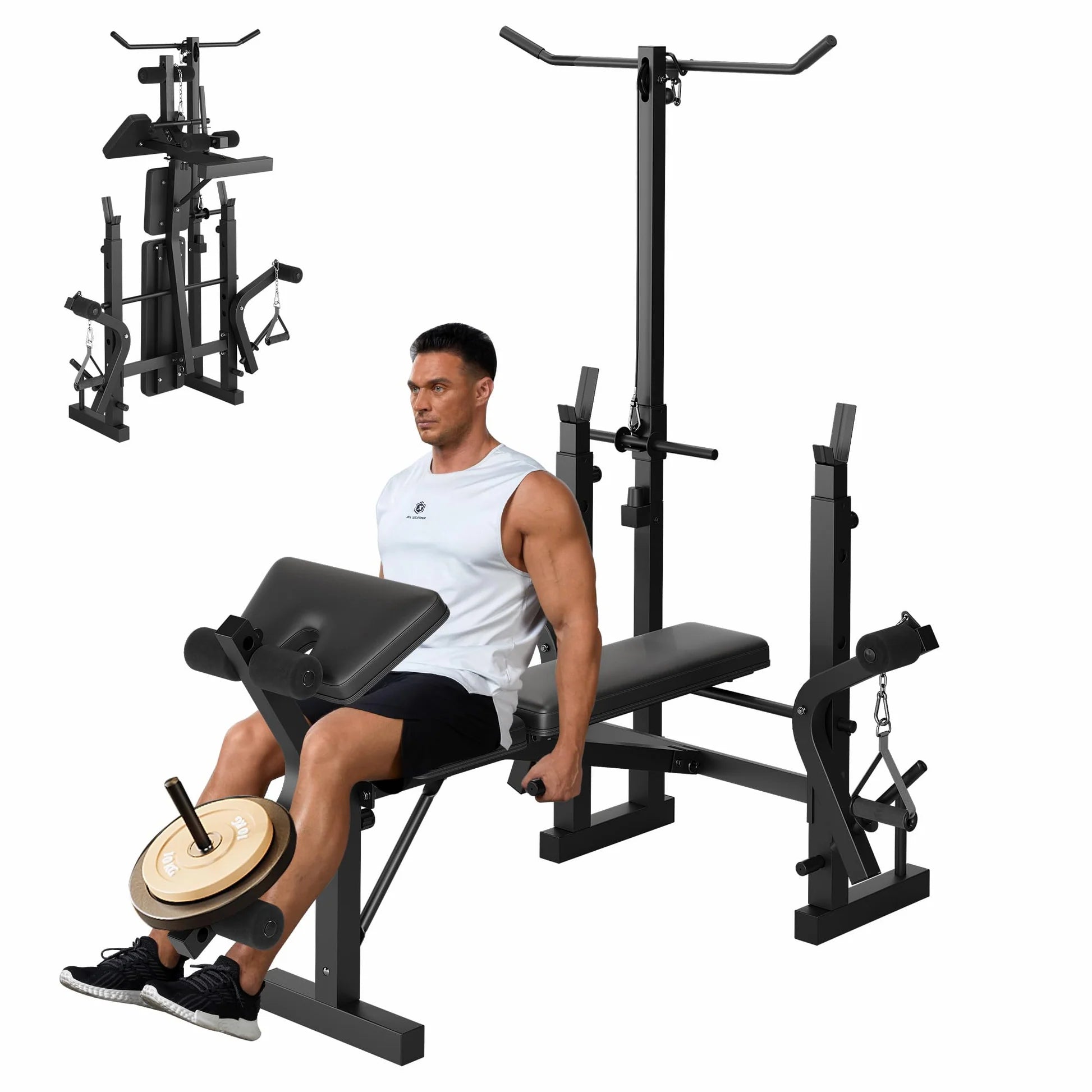 GARVEE 4-in-1 Hantelbank mit Rack, Beinstrecker & Curl-Pult, Verstellbare Klappbank für Heimfitness, Stahlrahmen bis 862 kg Belastbar, Schwarz