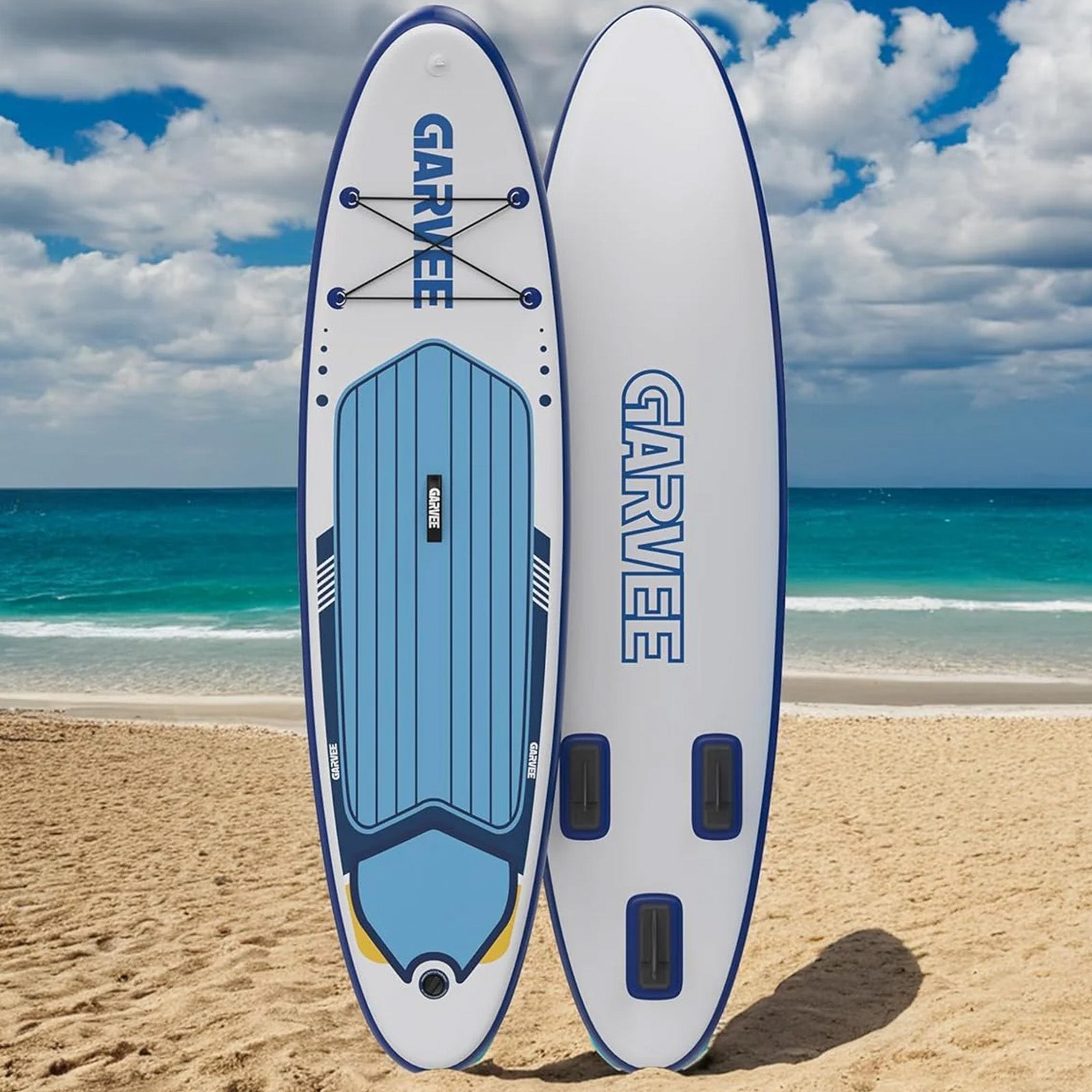 Garvee aufblasbares SUP Board 320 × 81 cm, Stand-Up-Paddle-Board mit rutschfestem EVA-Deck, Tragetasche, Pumpe und D-Ringen, bis 159 kg belastbar, für See & Strand