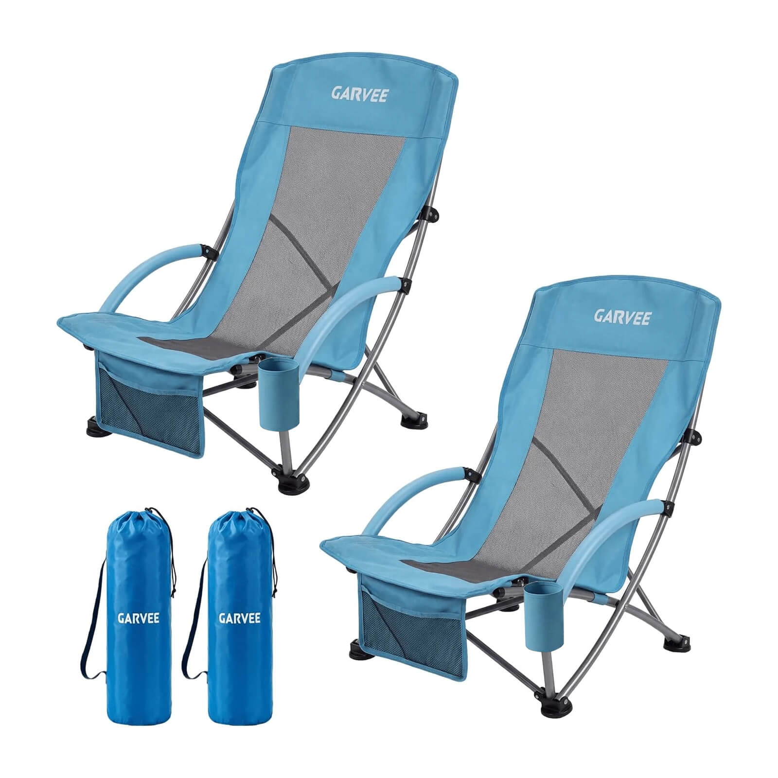 Garvee 2er-Set Strandstühle faltbar, verstellbare Campingstühle mit hoher Rückenlehne, Rucksackgurten, Getränkehalter und 150 kg Tragkraft, für Strand, Camping