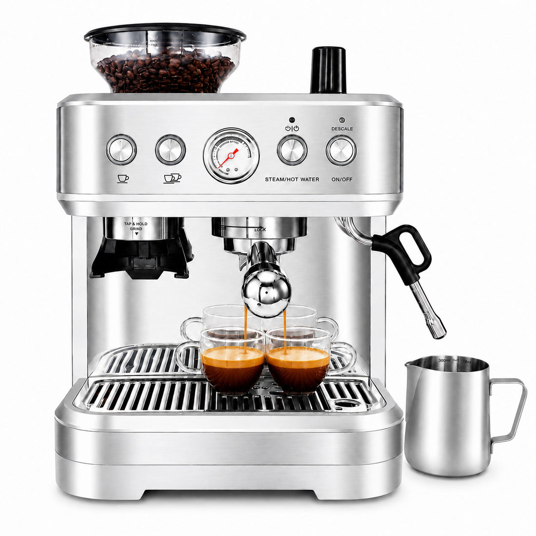 Garvee Espressomaschine mit Mahlwerk & Milchaufschäumer, 15 Bar, 58-mm-Siebträger, PID, 15 Mahlgrade, 2,3-L-Wassertank, Silber