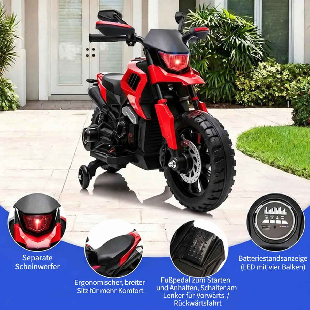 GARVEE Elektro-Kindermotorrad mit Stützrädern, 6V 4Ah Akku, LED-Scheinwerfer & Hupe, für Kinder von 3–8 Jahren, Rot
