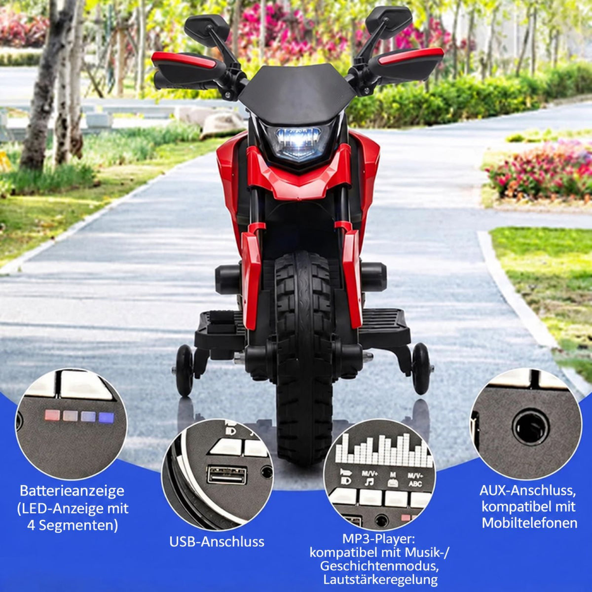 GARVEE Elektro-Kindermotorrad mit Stützrädern, 6V 4Ah Akku, LED-Scheinwerfer & Hupe, für Kinder von 3–8 Jahren, Rot