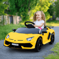 GARVEE Lamborghini Kinder Elektroauto Sportwagen 12V mit Doppelmotor, 2,4G-Fernbedienung, LED-Lichtern, MP3, Hydraulischen Türen & Sicherheitsgurt, Gelb