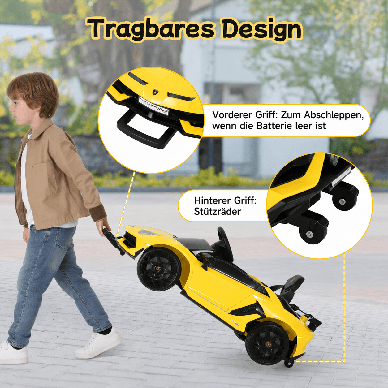 GARVEE Lamborghini Kinder Elektroauto Sportwagen 12V mit Doppelmotor, 2,4G-Fernbedienung, LED-Lichtern, MP3, Hydraulischen Türen & Sicherheitsgurt, Gelb