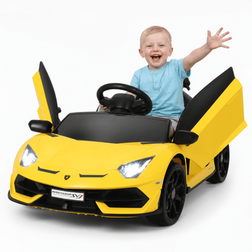 GARVEE Lamborghini Kinder Elektroauto Sportwagen 12V mit Doppelmotor, 2,4G-Fernbedienung, LED-Lichtern, MP3, Hydraulischen Türen & Sicherheitsgurt, Gelb