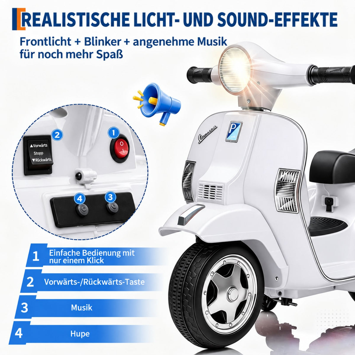 Garvee Kinder-Elektroroller 6V 4,5Ah mit Stützrädern, LED-Licht, Musik, Hupe & Fußpedal, 3 km/h, für Kinder 3–6 Jahre bis 20 kg
