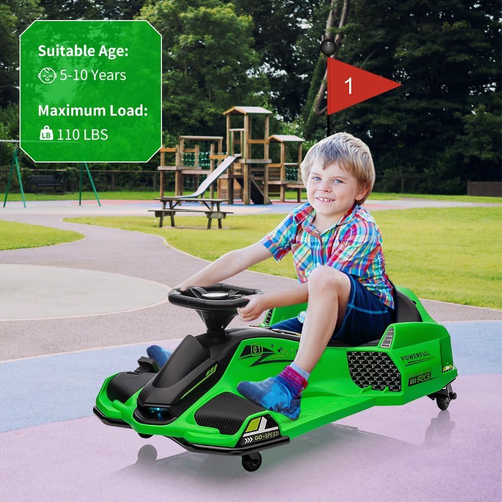 Garvee Grün 24V Elektro-Gokart für Kinder mit LED Licht 180W Motor bis 7.5 mph Für Kinder 6-12 Jahre Outdoor Rennspaß