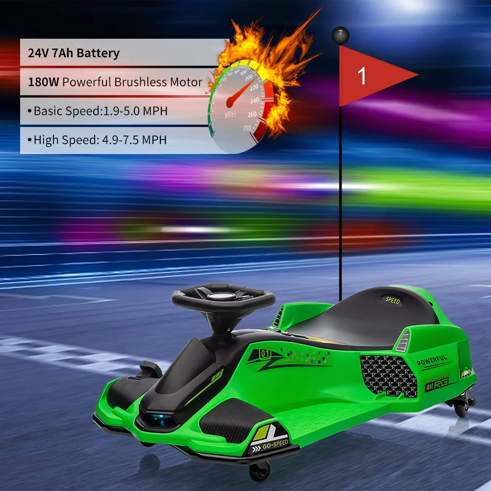 Garvee Grün 24V Elektro-Gokart für Kinder mit LED Licht 180W Motor bis 7.5 mph Für Kinder 6-12 Jahre Outdoor Rennspaß