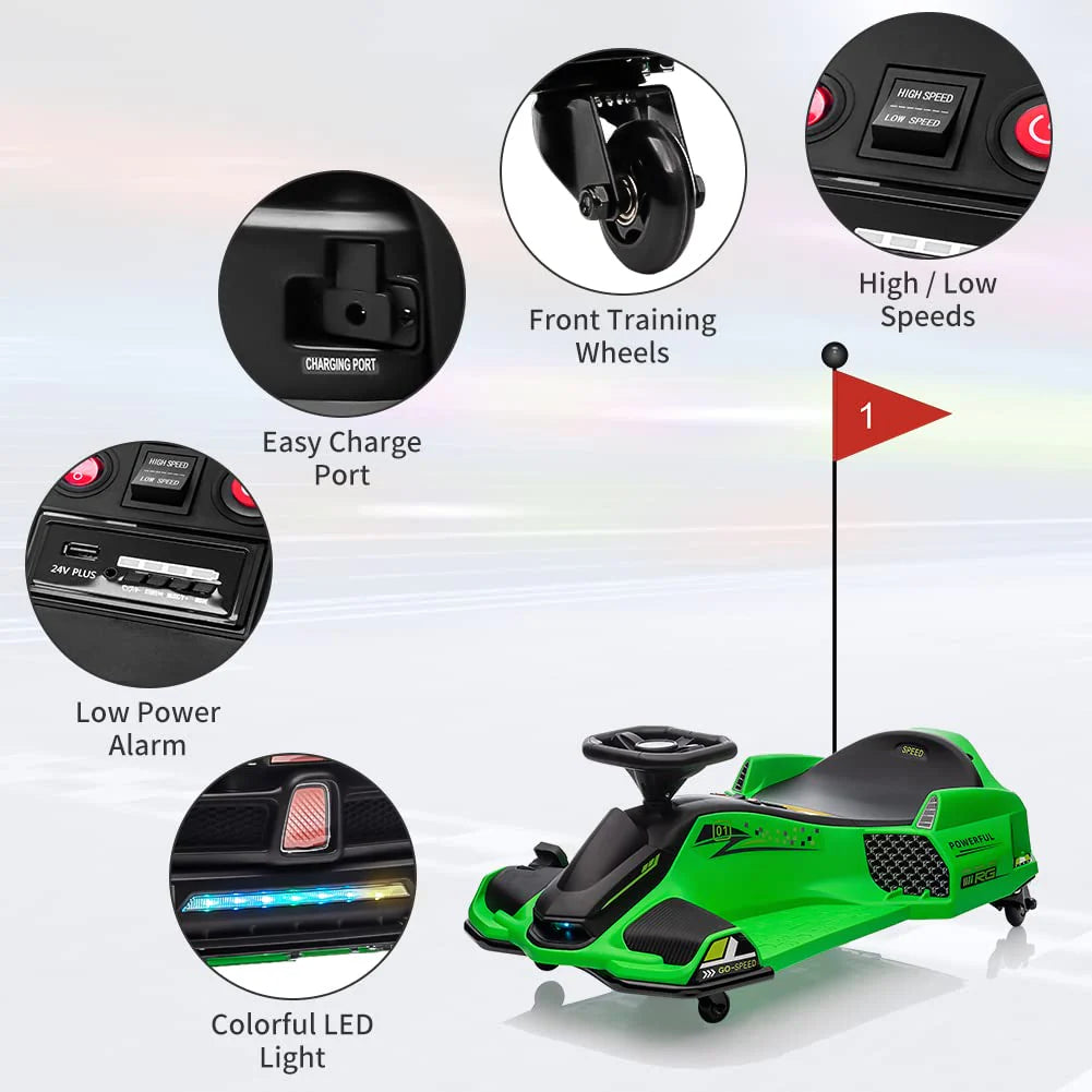 Garvee Grün 24V Elektro-Gokart für Kinder mit LED Licht 180W Motor bis 7.5 mph Für Kinder 6-12 Jahre Outdoor Rennspaß
