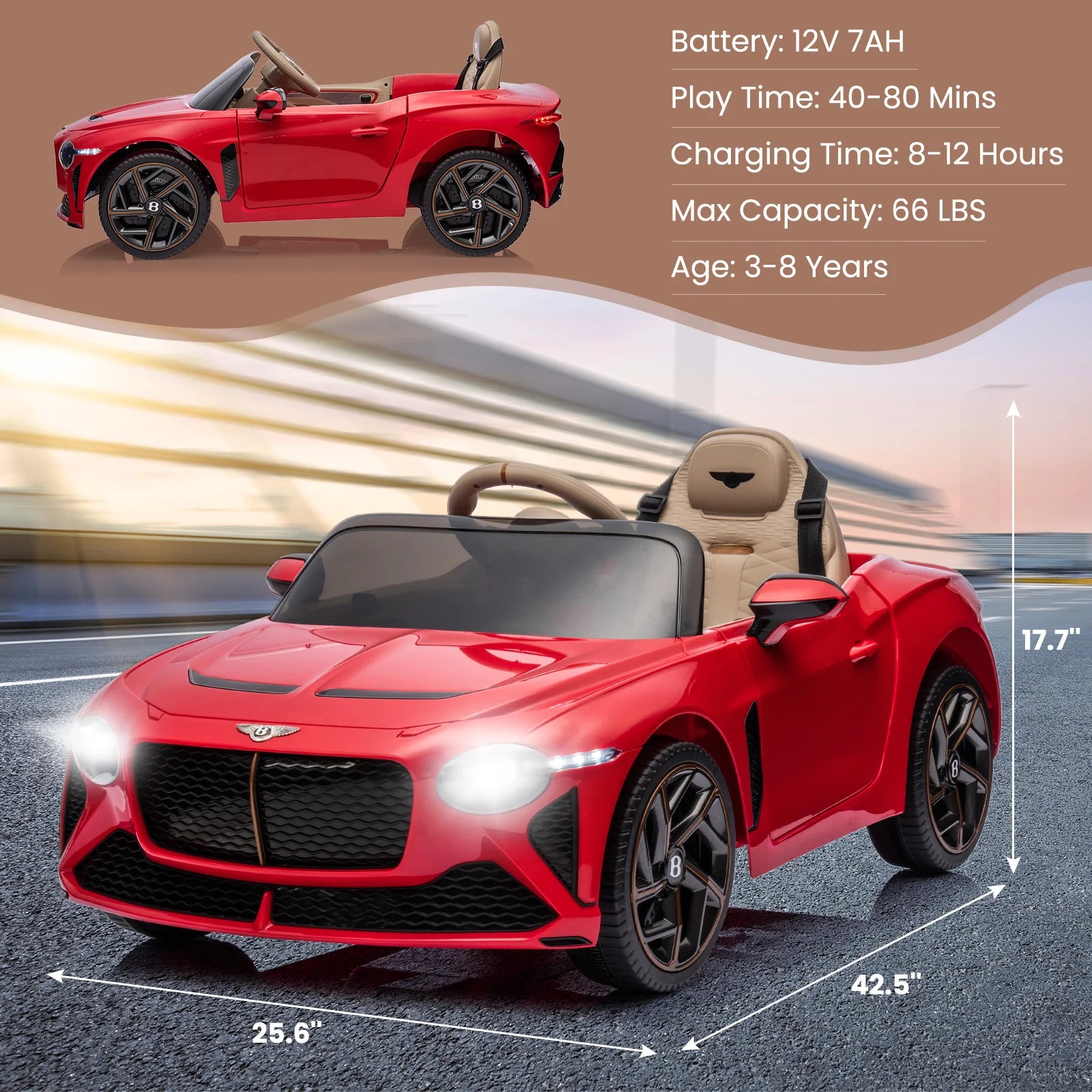 Garvee 12V Kinder Elektroauto Sportwage im lizenzierten Bacalar-Design, elektrisches Kinderfahrzeug mit Fernsteuerung, Sanftanlauf und 3-Punkt-Sicherheitsgurt, ab 3 Jahren, Rot