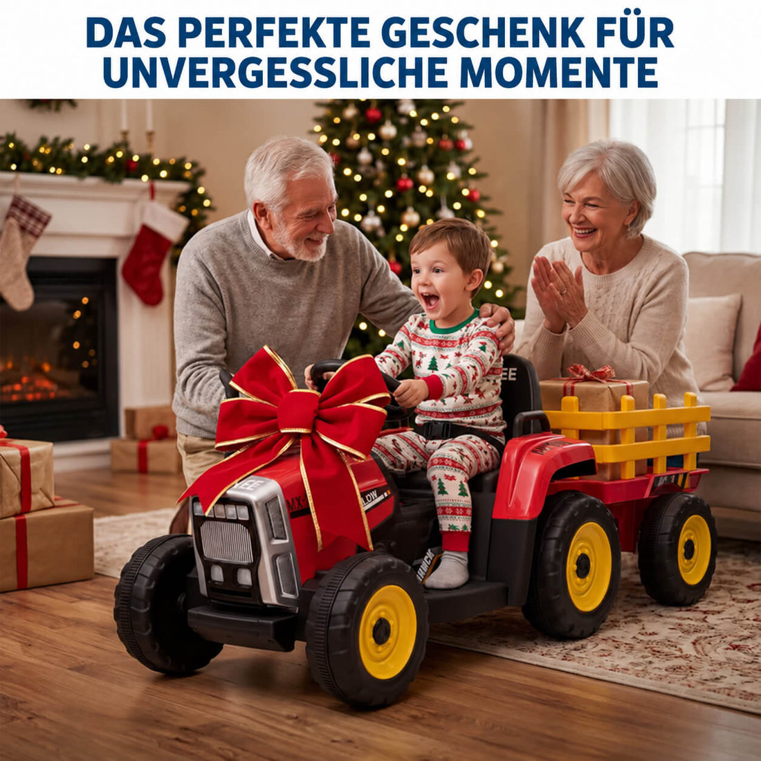 GARVEE 12V Kindertraktor mit Anhänger und Fernbedienung, 7 LED-Scheinwerfer, Musik, USB, Sicherheitsgurt, bis 30 kg, Rot, 3–6 Jahre