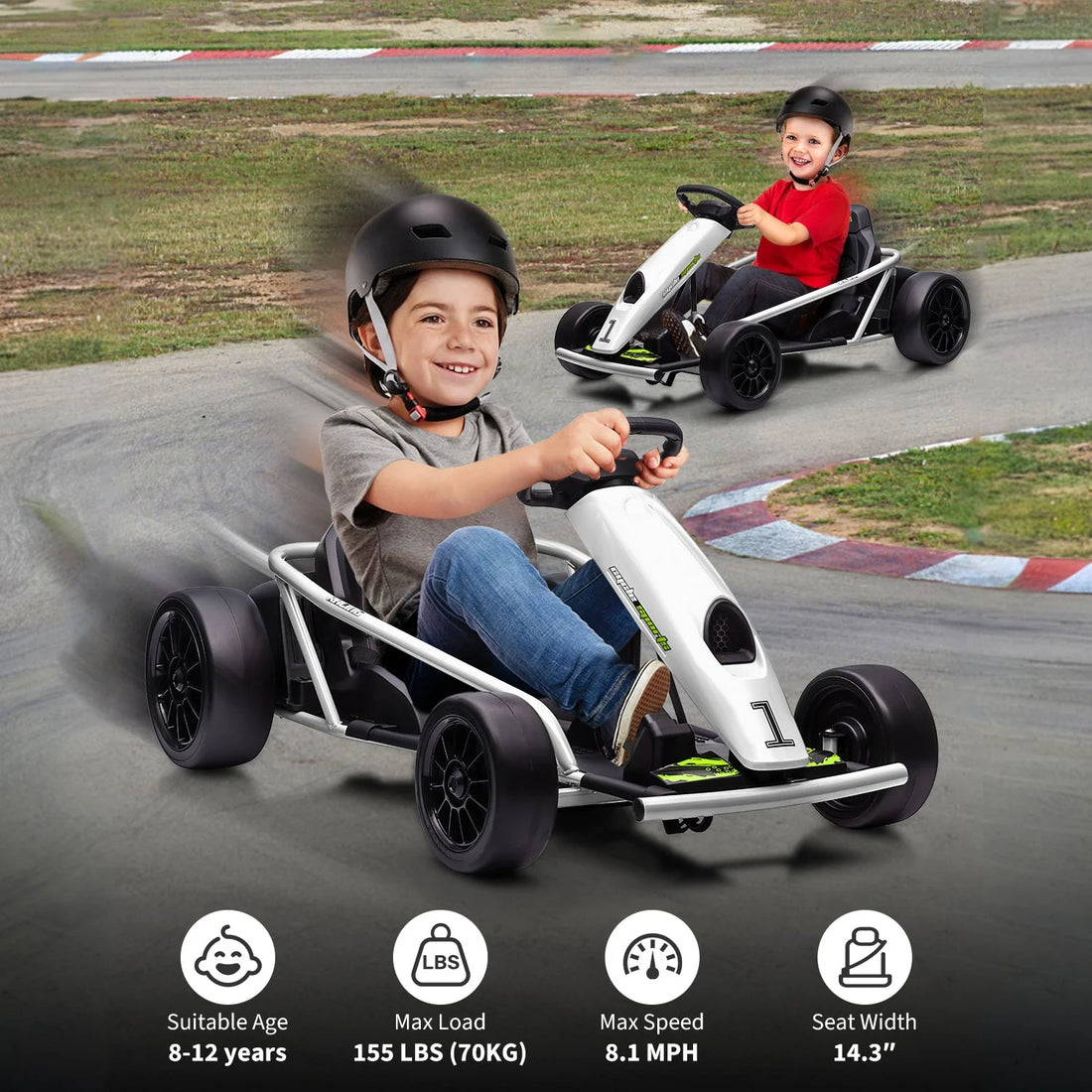 Garvee 24V Elektro-Gokart für Kinder, 2×300W Motoren, Kinder Elektro Drift Kart 8–12, 110×77×54 cm Weiß