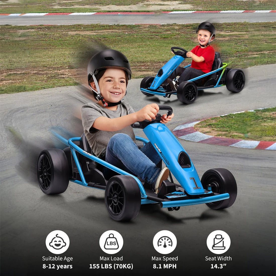 Garvee 24V Elektro-Gokart für Kinder, 2×300W Motoren, Kinder Elektro Drift Kart 8–12, 110×77×54 cm Blau