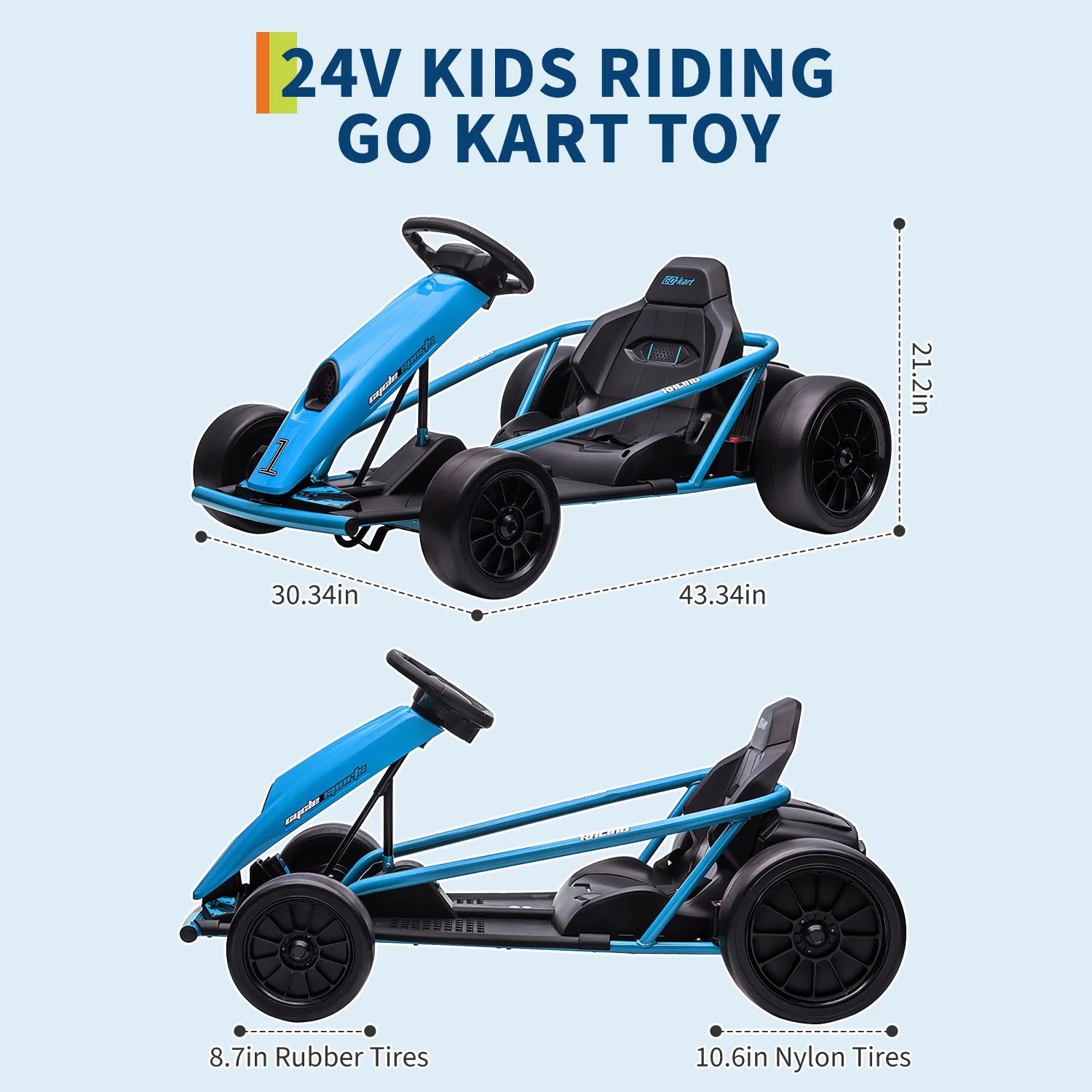 Garvee 24V Elektro-Gokart für Kinder, 2×300W Motoren, Kinder Elektro Drift Kart 8–12, 110×77×54 cm Blau