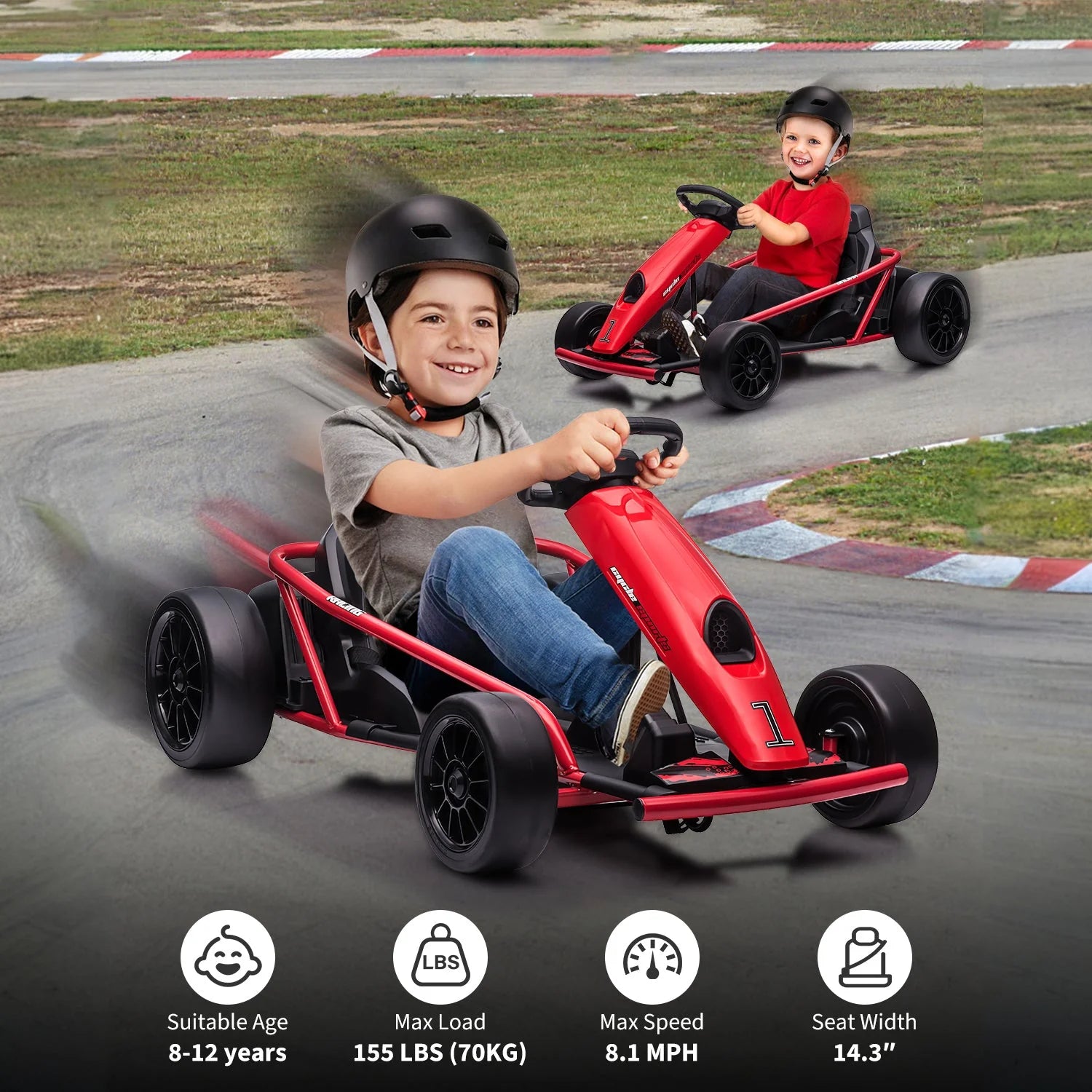 Garvee 24V Elektro-Gokart für Kinder, 2×300W Motoren, Kinder Elektro Drift Kart 8–12, 110×77×54 cm Rot
