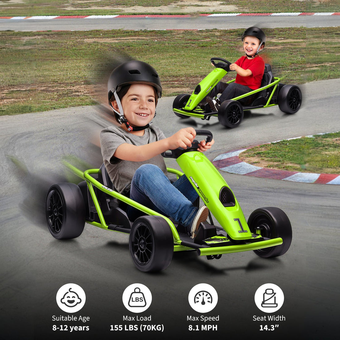 Garvee 24V Elektro-Gokart für Kinder, 2×300W Motoren, Kinder Elektro Drift Kart 8–12, 110×77×54 cm Grün