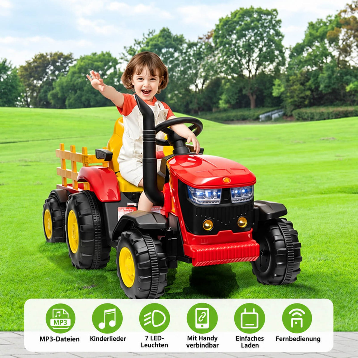 Garvee Kinder-Elektrotraktor 12 V mit abnehmbarem Anhänger, 2 × 35 W Motoren, Selbstfahrmodus und Eltern-Fernbedienung, LED-Licht und Musik, ab 3 Jahren