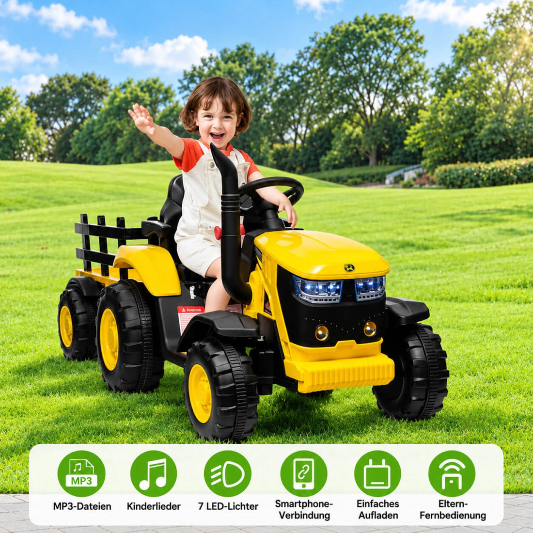 Garvee Kinder-Elektrotraktor 12 V mit abnehmbarem Anhänger, 2 × 35 W Motoren, Selbstfahrmodus und Eltern-Fernbedienung, LED-Licht und Musik, ab 3 Jahren