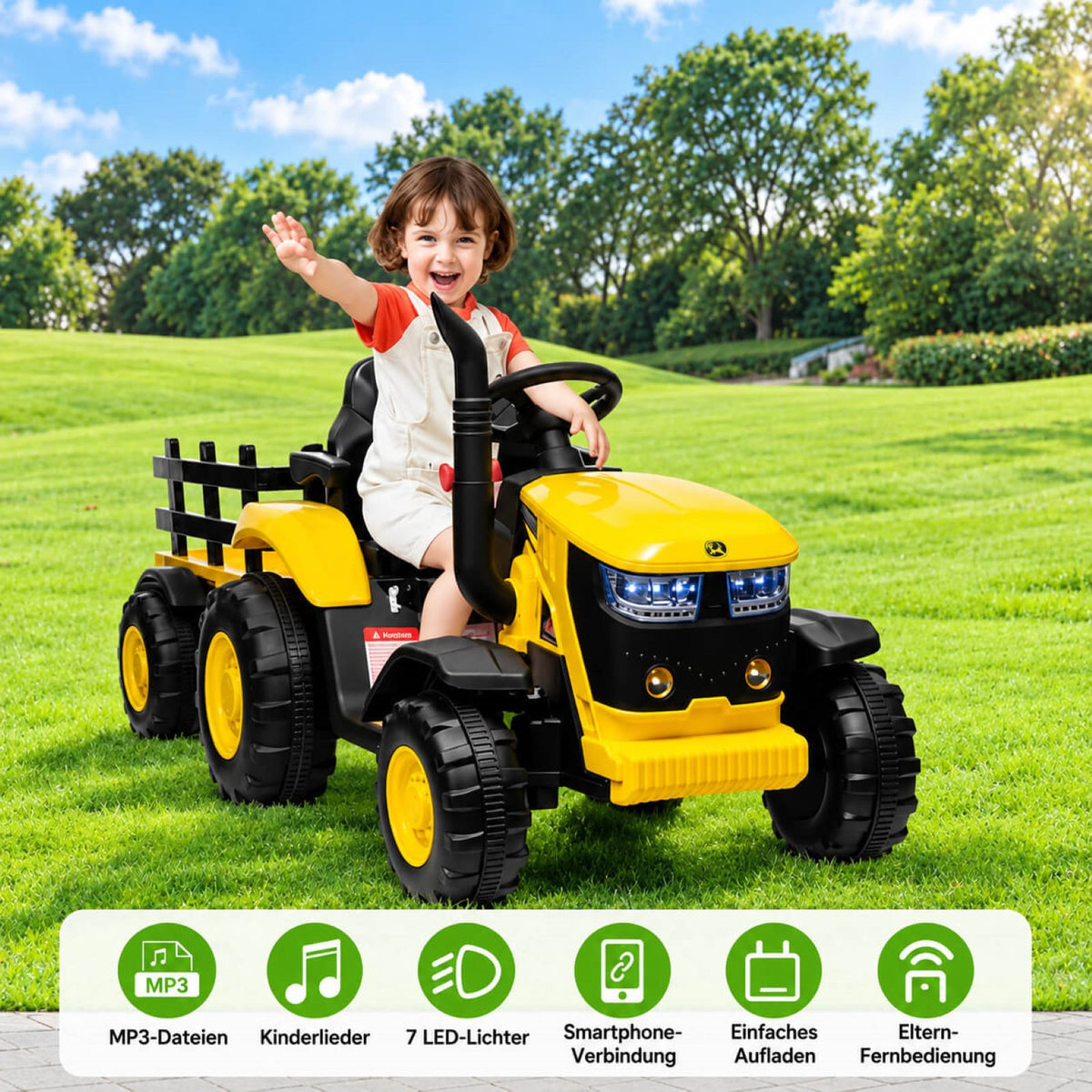 Garvee Kinder-Elektrotraktor 12 V mit abnehmbarem Anhänger, 2 × 35 W Motoren, Selbstfahrmodus und Eltern-Fernbedienung, LED-Licht und Musik, ab 3 Jahren