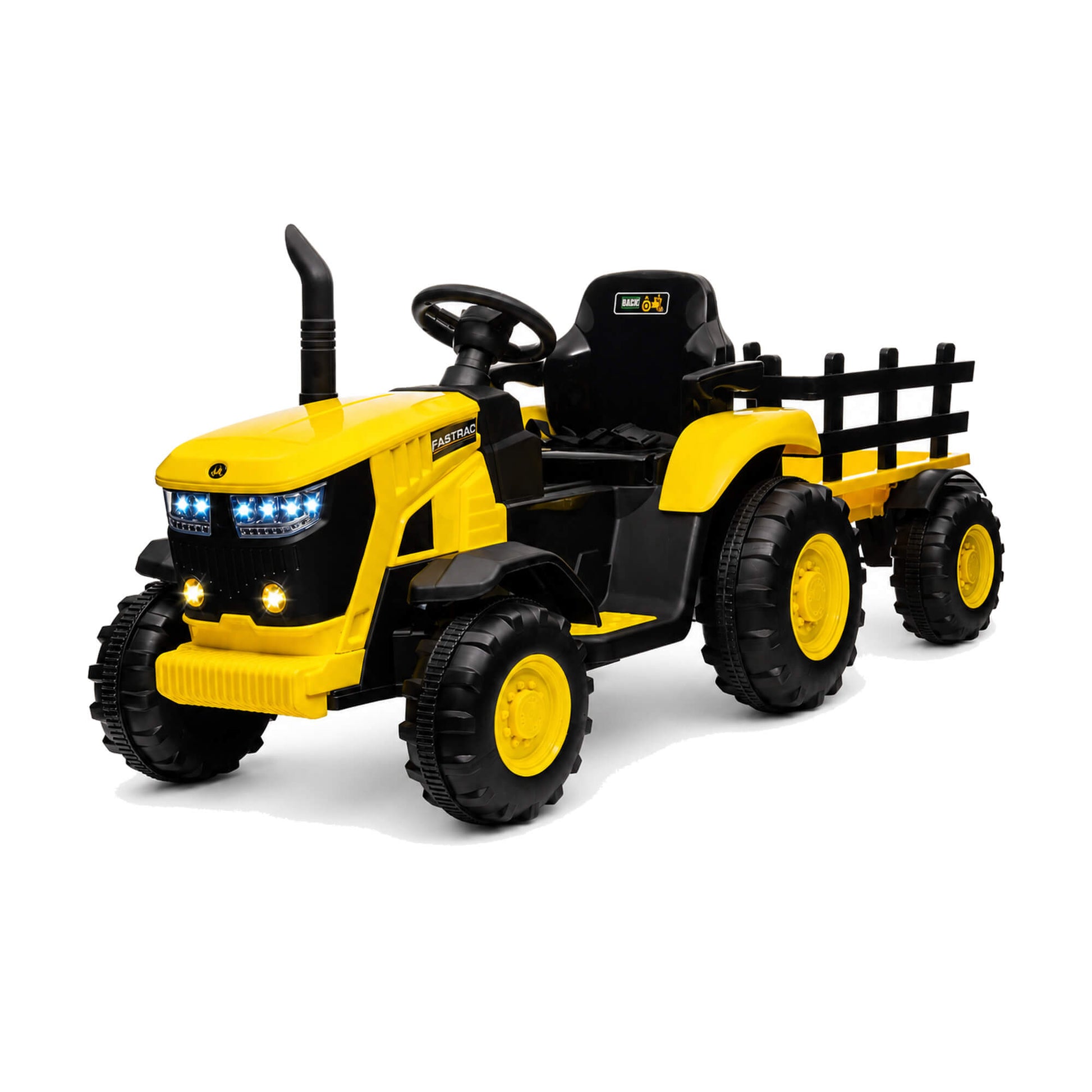Garvee 12V-Elektro-Traktor, zwei 35W-Motoren, abnehmbarer Anhänger, 6 Gummiräder, Fernbedienung, 3 Geschwindigkeitsstufen, LED-Beleuchtung, für Kinder von 3 bis 6 Jahren, Garten, Gelb
