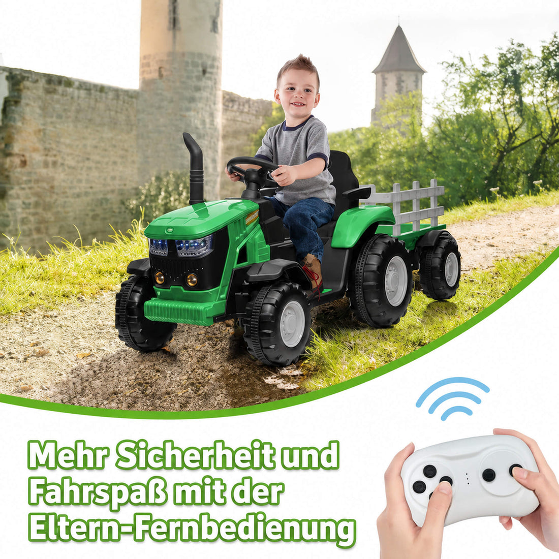 Garvee 12V-Elektro-Traktor, zwei 35W-Motoren, abnehmbarer Anhänger, 6 Gummiräder, Fernbedienung, 3 Geschwindigkeitsstufen, LED-Beleuchtung, für Kinder von 3 bis 6 Jahren, Garten, Grün