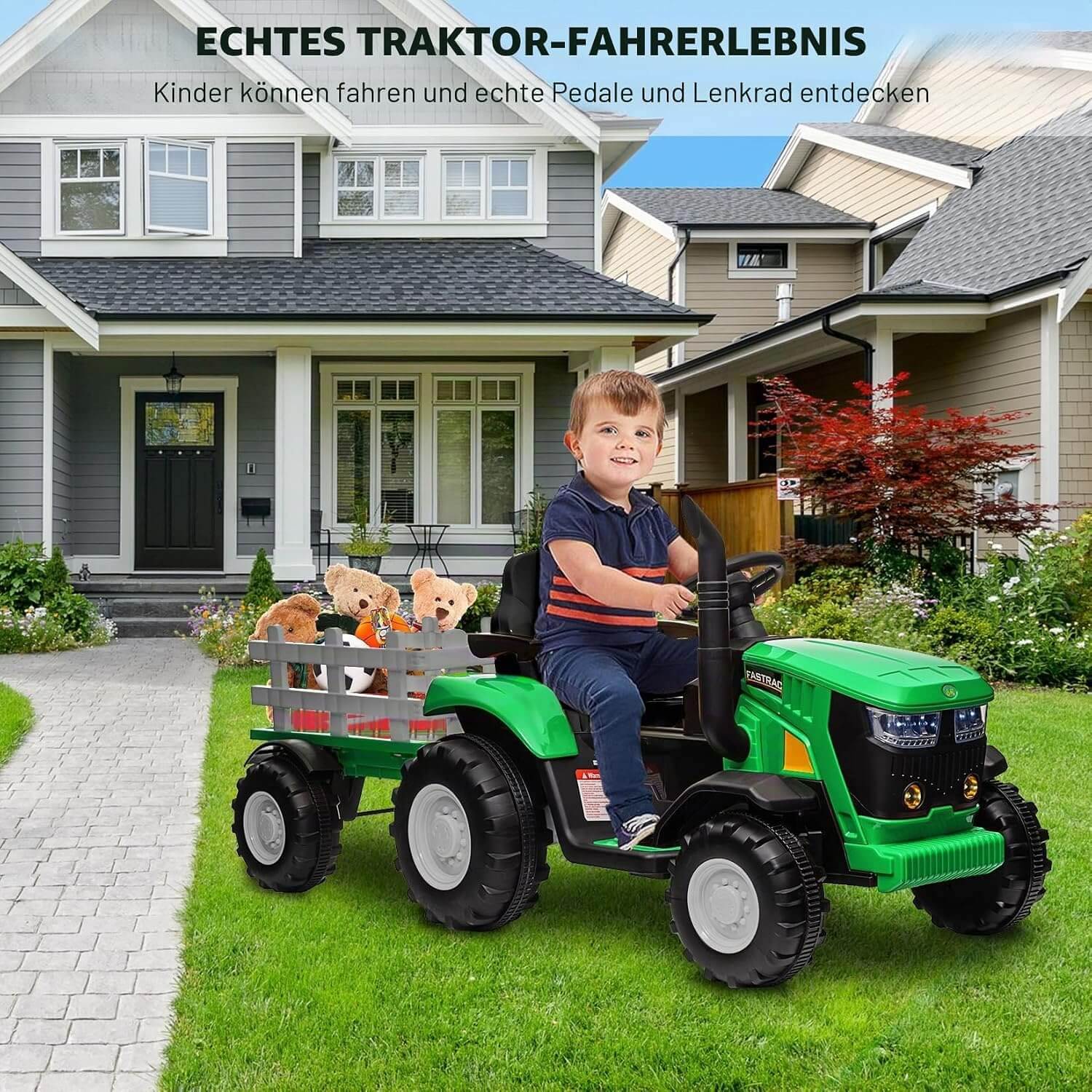 Garvee 12V-Elektro-Traktor, zwei 35W-Motoren, abnehmbarer Anhänger, 6 Gummiräder, Fernbedienung, 3 Geschwindigkeitsstufen, LED-Beleuchtung, für Kinder von 3 bis 6 Jahren, Garten, Grün