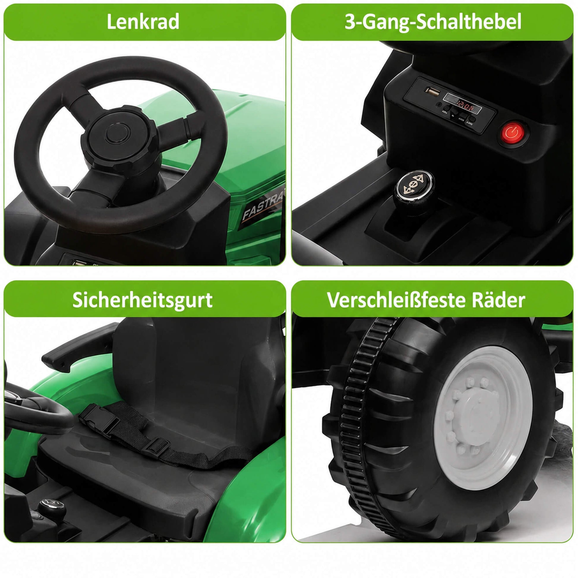 Garvee 12V-Elektro-Traktor, zwei 35W-Motoren, abnehmbarer Anhänger, 6 Gummiräder, Fernbedienung, 3 Geschwindigkeitsstufen, LED-Beleuchtung, für Kinder von 3 bis 6 Jahren, Garten, Grün