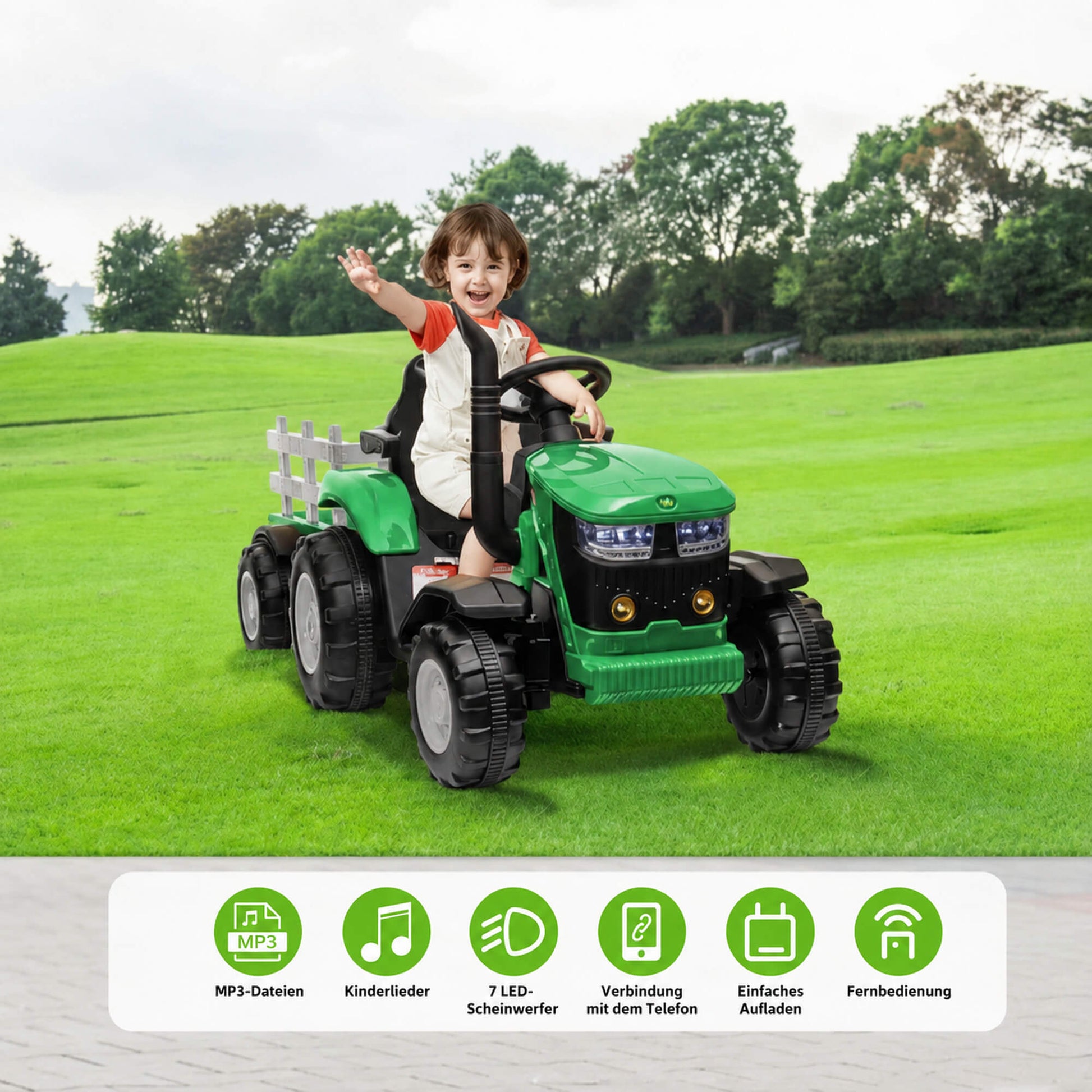 Garvee 12V-Elektro-Traktor, zwei 35W-Motoren, abnehmbarer Anhänger, 6 Gummiräder, Fernbedienung, 3 Geschwindigkeitsstufen, LED-Beleuchtung, für Kinder von 3 bis 6 Jahren, Garten, Grün