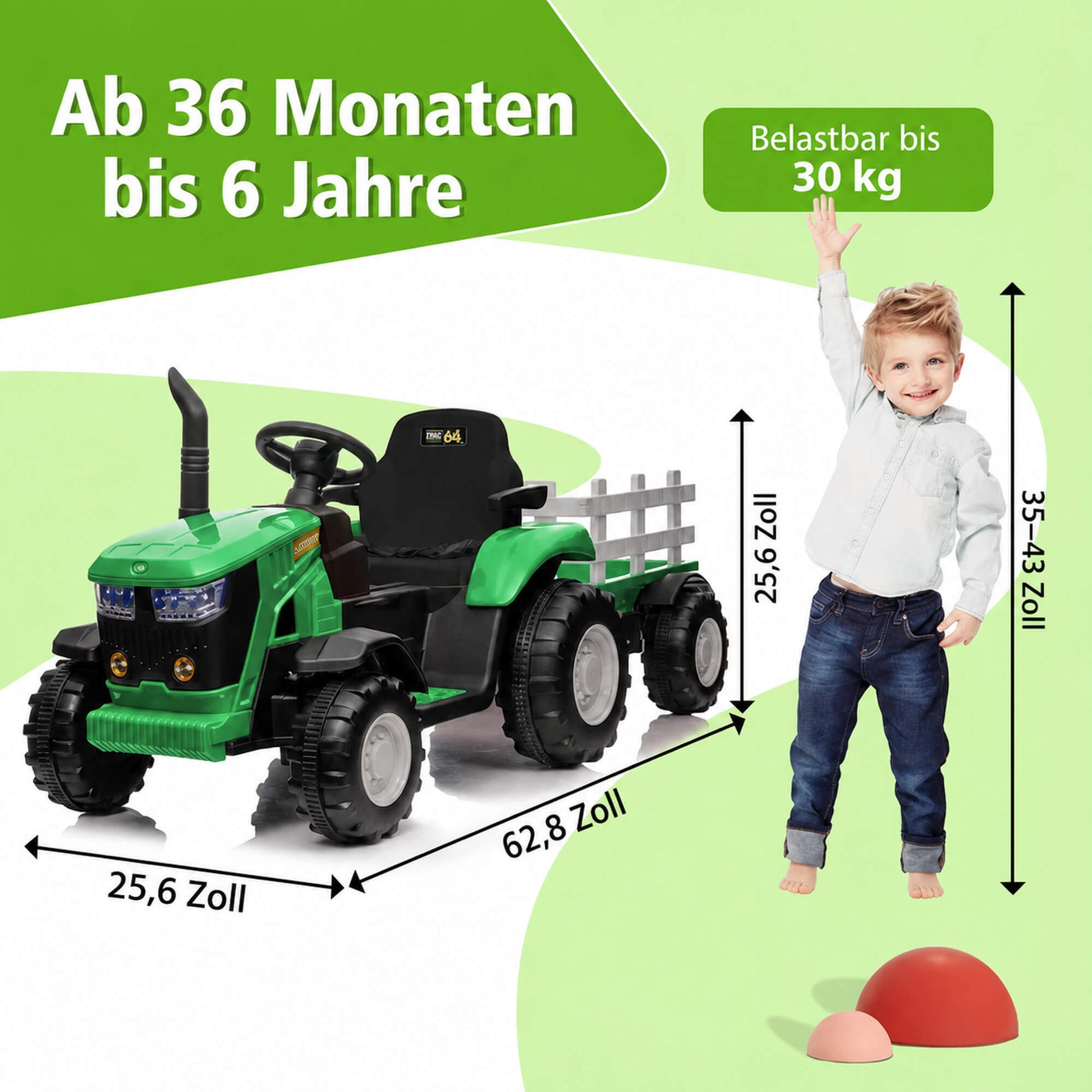 Garvee 12V-Elektro-Traktor, zwei 35W-Motoren, abnehmbarer Anhänger, 6 Gummiräder, Fernbedienung, 3 Geschwindigkeitsstufen, LED-Beleuchtung, für Kinder von 3 bis 6 Jahren, Garten, Grün
