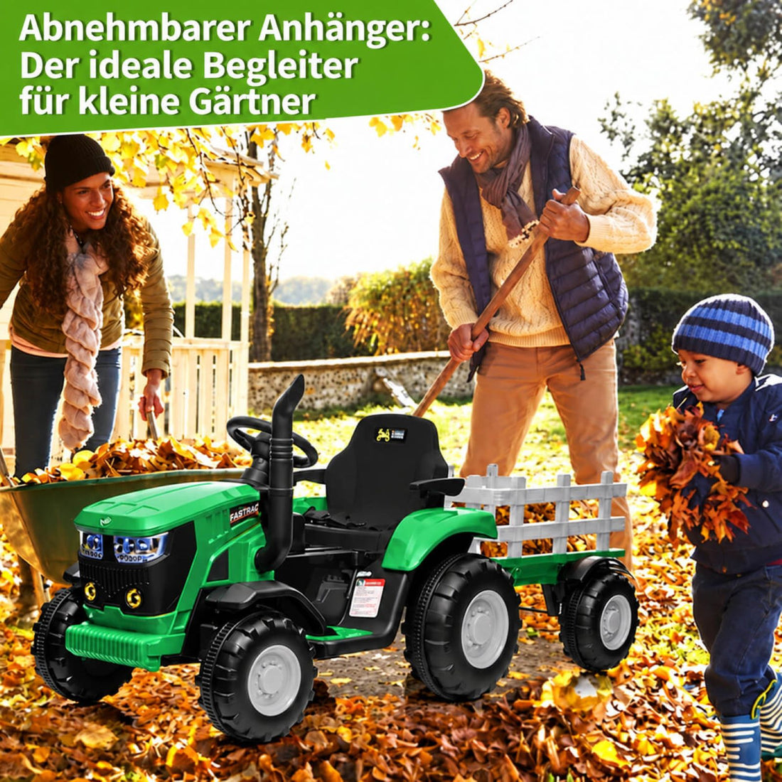 Garvee Kinder-Elektrotraktor 12 V mit abnehmbarem Anhänger, 2 × 35 W Motoren, Selbstfahrmodus und Eltern-Fernbedienung, LED-Licht und Musik, ab 3 Jahren