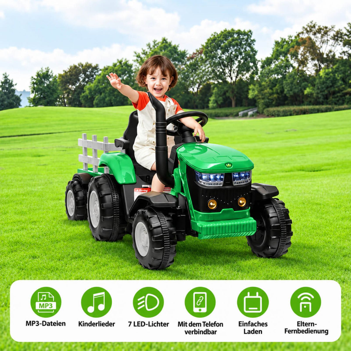 Garvee Kinder-Elektrotraktor 12 V mit abnehmbarem Anhänger, 2 × 35 W Motoren, Selbstfahrmodus und Eltern-Fernbedienung, LED-Licht und Musik, ab 3 Jahren