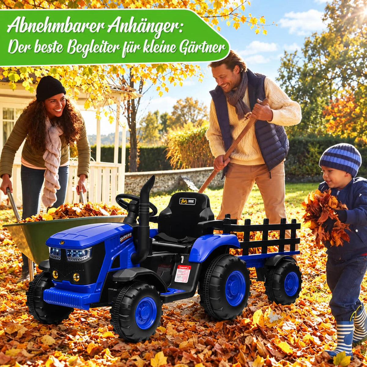 Garvee Kinder-Elektrotraktor 12 V mit abnehmbarem Anhänger, 2 × 35 W Motoren, Selbstfahrmodus und Eltern-Fernbedienung, LED-Licht und Musik, ab 3 Jahren
