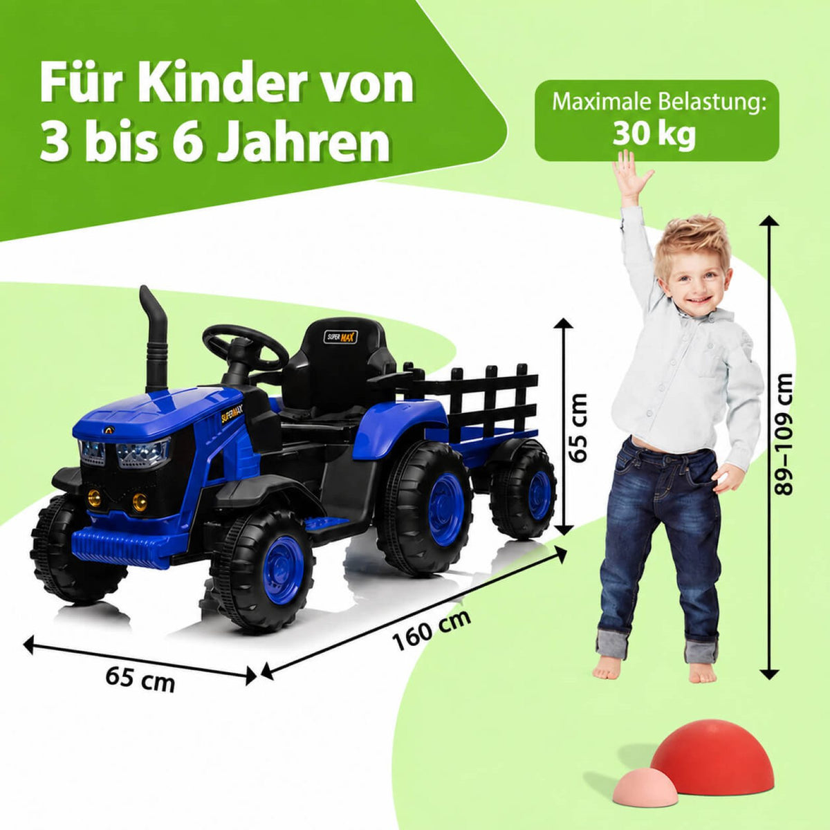 Garvee Kinder-Elektrotraktor 12 V mit abnehmbarem Anhänger, 2 × 35 W Motoren, Selbstfahrmodus und Eltern-Fernbedienung, LED-Licht und Musik, ab 3 Jahren