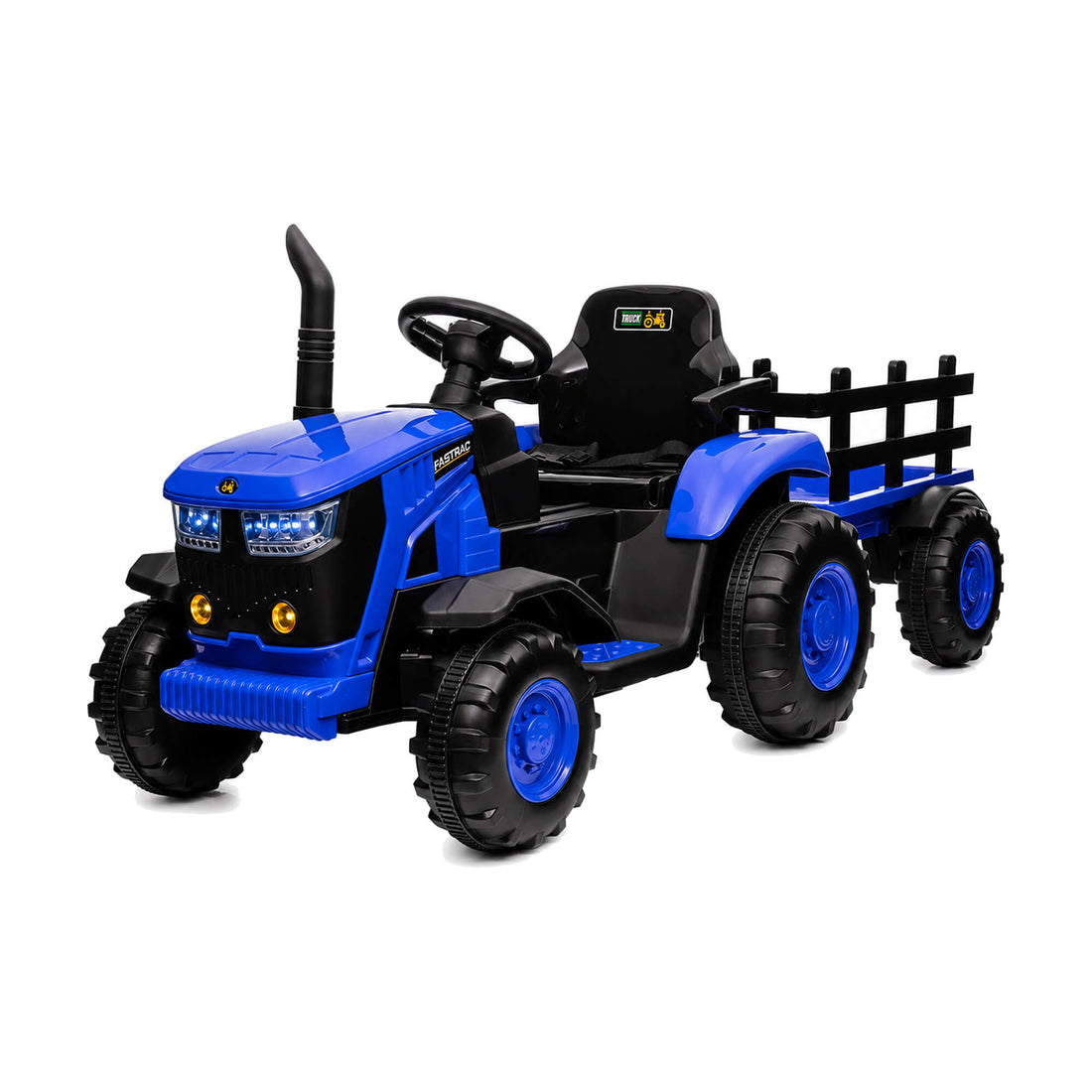 Garvee 12V-Elektro-Traktor, zwei 35W-Motoren, abnehmbarer Anhänger, 6 Gummiräder, Fernbedienung, 3 Geschwindigkeitsstufen, LED-Beleuchtung, für Kinder von 3 bis 6 Jahren, Garten, Blau