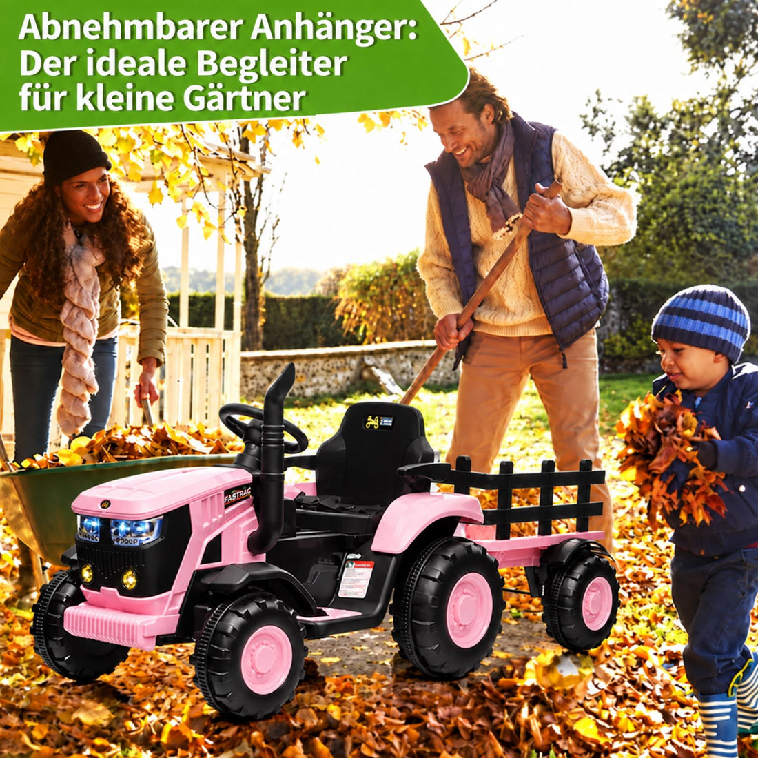 Garvee Kinder-Elektrotraktor 12 V mit abnehmbarem Anhänger, 2 × 35 W Motoren, Selbstfahrmodus und Eltern-Fernbedienung, LED-Licht und Musik, ab 3 Jahren