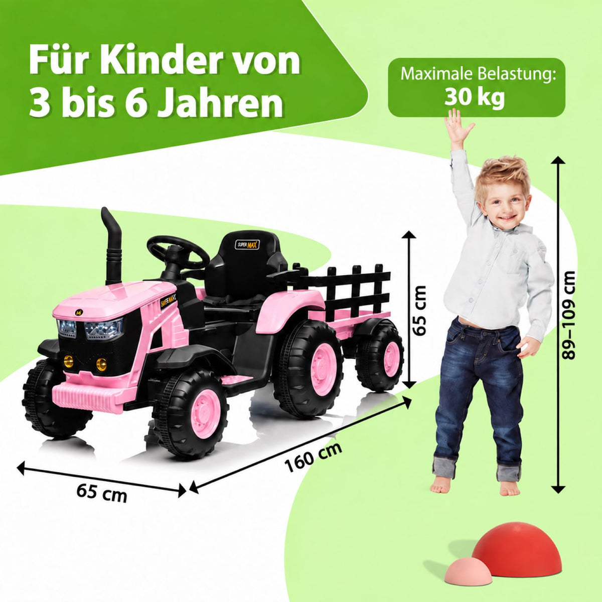 Garvee Kinder-Elektrotraktor 12 V mit abnehmbarem Anhänger, 2 × 35 W Motoren, Selbstfahrmodus und Eltern-Fernbedienung, LED-Licht und Musik, ab 3 Jahren